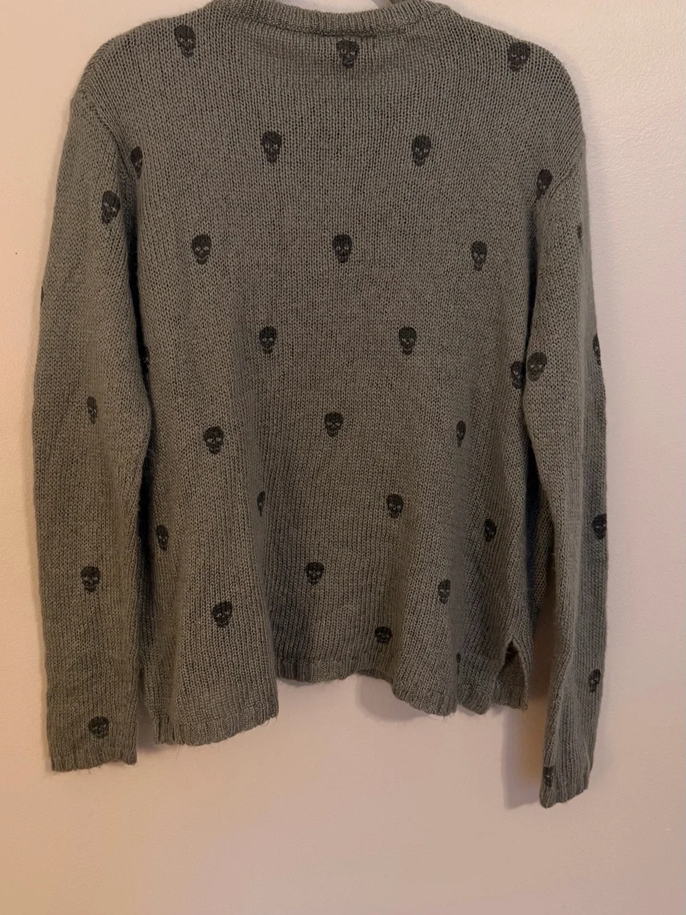 Wooden Ships Skull Printed Crew Knit Sweater Gray S/M